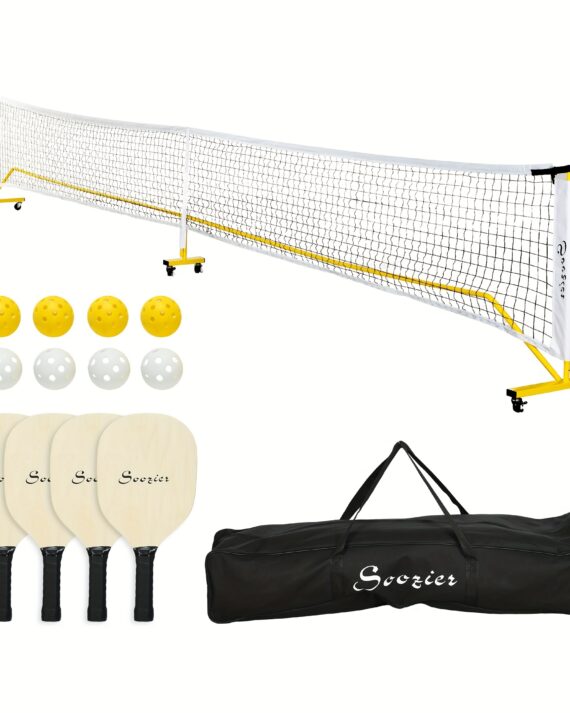 Soozier Pickleball Set with Net, Court Markers and Wheels, 22ft Portable Pickleball Net for Driveway with 4 Pickleball Paddles, 8 Pickleballs and 1 Carry Bag