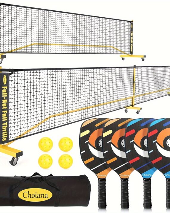 [Portable Pickleball Net] 4 Paddles Portable Pickleball Net Set - 11ft & 22ft Regulation Size Nets, Heavy-Duty Frame with Wheels - Ideal for Outdoor Driveway & Indoor Use, Includes Carry Bag